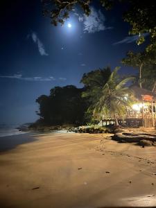 Beach Cabarete Lodge Eco De Luxe Surf, Kite, Yoga في كاباريتي: شاطئ في الليل مع القمر في السماء