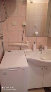uma casa de banho branca com um lavatório e um espelho em Apartments Andrija - amazing view em Rtina