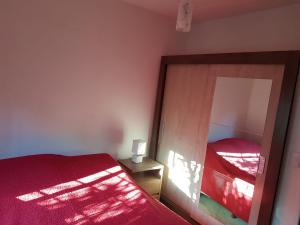 プンタ・デル・エステにあるCasa en Punta Ballenaのベッドルーム(赤いベッド1台、鏡付)