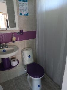a bathroom with a purple toilet and a sink at LA RIVERA HOSTERIA CAMPESTRE in Villamaría