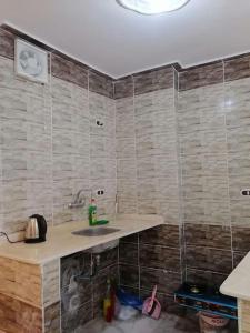 a bathroom with a sink and a tiled wall at Swan Nest in Alexandria +9 photos