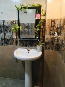 een badkamer met een witte wastafel en een spiegel bij Yala Grand Homestay in Tissamaharama