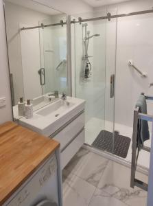 bagno con lavandino e doccia in vetro di Ravensdale Vista a Christchurch
