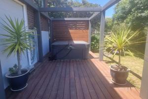 una terrazza con vasca idromassaggio e 2 piante di Ravensdale Vista a Christchurch