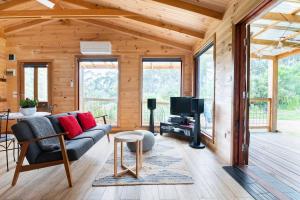 a living room with a couch and a tv at It's Bonza! at Mill About Vineyard in Williamstown