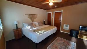 a bedroom with a large white bed and a television at Seven Circles Lodge&Retreat in Badger