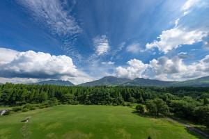 eine Aussicht über ein grünes Feld mit Bäumen und Bergen in der Unterkunft KAMENOI HOTEL Aso in Aso