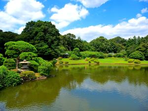 einen Teich in einem Park mit einem Haus und Bäumen in der Unterkunft APA Hotel Shinjuku Kabukicho Chuo in Tokio