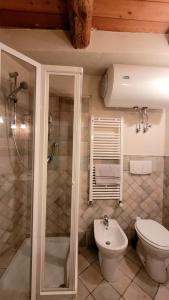 a bathroom with a toilet and a shower and a sink at Baita 3 lovely & central Sauze in Sauze dʼOulx +8 photos