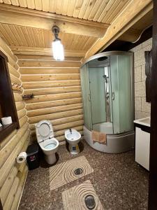 e bagno con servizi igienici e doccia in vetro. di Oberig Apartmens a Vorokhta