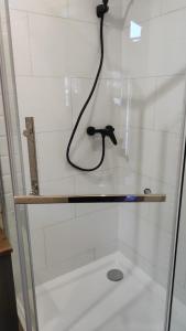 eine Dusche mit einem schwarzen Schlauch im Bad in der Unterkunft Tiny House Waldschmied 2 