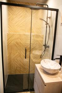 a bathroom with a shower with a sink at Barbara 76 in Ustroń