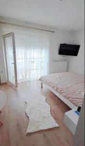 a bedroom with a bed and a large window at Rooms Lida & Friendly home in Plav
