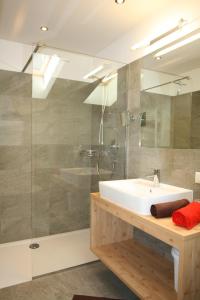 ein Bad mit einem Waschbecken und einer Dusche in der Unterkunft Trafunshof natural living in Vols am Schlern