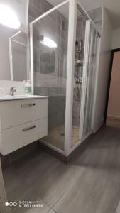 a bathroom with a shower and a white sink at Jamal in Montélimar