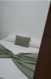 uma cama com um cobertor verde e uma almofada em Edmar em Kralendijk