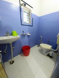 een blauwe badkamer met een wastafel en een toilet bij Aryan guest house in Bodh Gaya