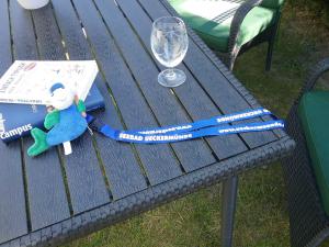 uma mesa azul com um livro e um bicho de peluche em Ferienhaus Emma Ferienwohnung "Paul" em Berndshof
