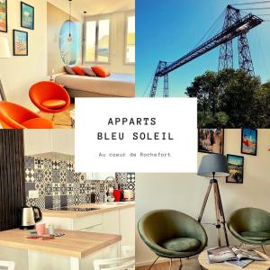 un collage de fotos de un dormitorio con cama y escritorio en Bleu Soleil Rochefort 3 étoiles, en Rochefort