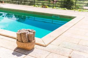 a basket sitting next to a swimming pool at Villa Cirera in Alaro in Alaró