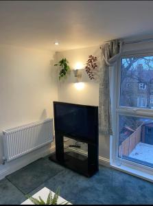 sala de estar con TV de pantalla plana junto a una ventana en Private self-contained flat with shared entrance en Londres
