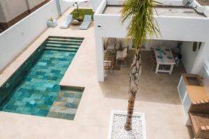 - une vue sur la piscine bordée d'un palmier dans l'établissement Casa Gavilán En Riumar, à Riumar