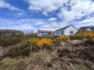 a house on top of a hill with yellow flowers at 3 bed in Scourie SU164 in Rhiconich