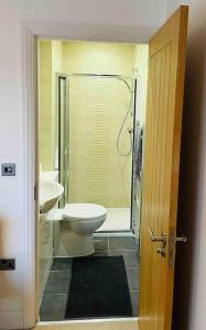 a bathroom with a shower and a toilet and a sink at Balcony views + Parking in Lincolnshire