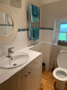 a bathroom with a sink and a toilet at Grooms cottage, a tranquil Cornish retreat in Lanteglos