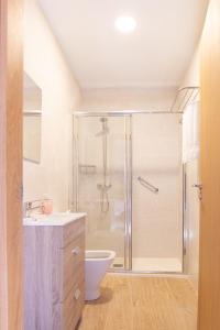 uma casa de banho com um chuveiro, um WC e um lavatório. em O Rincón de Esther em Vedra
