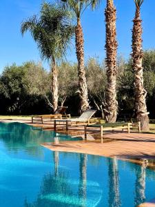 a pool of blue water with palm trees and benches at Villa Dar Hadjar in Marrakesh