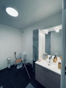 a bathroom with a sink and a toilet and a mirror at Appartement Lahcen in Thorigny-sur-Marne