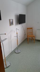 een kamer met twee metalen voorwerpen en een tv en een stoel bij Penzion Na nádraží in Loučná nad Desnou