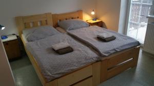 een bed met twee kussens in een slaapkamer bij Penzion Na nádraží in Loučná nad Desnou