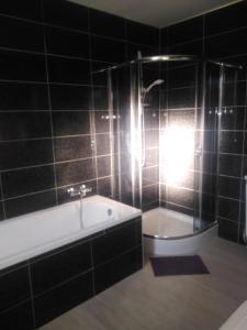 een badkamer met een bad en een douche met een licht bij Agroturystyka U Puchatka in Rebiszów