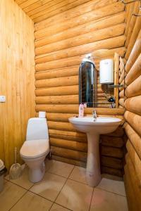 a wooden bathroom with a toilet and a sink at Кремениця in Rivna