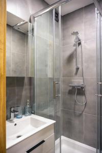 a bathroom with a shower and a sink at Jana's WoW apt, 2BR, Metro next door, near the airport in Prague
