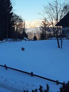 a snow covered yard with trees and mountains in the background at Trento, Monte Bondone, casa tipica di montagna in Norge