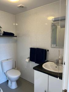 een badkamer met een wit toilet en een wastafel bij Y Garth Guesthouse in Bangor