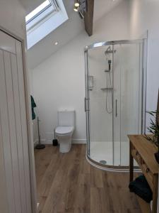 uma casa de banho com uma cabina de duche em vidro e um WC. em The Barrels at Leintwardine em Leintwardine