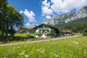 a house in a field with mountains in the background at Bindenhäusl - Ramsau in Ramsau