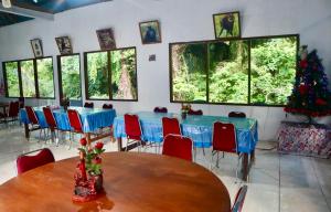 a room with tables and chairs and a christmas tree at Tangkoko Homestay in Rinondoran