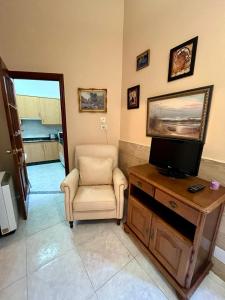 Il comprend un salon avec une chaise et une télévision à écran plat. dans l'établissement Parada do Camiño de Santiago, à Betanzos