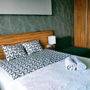 1 dormitorio con 1 cama grande y 2 almohadas en Parkcity Park Śląski, en Katowice