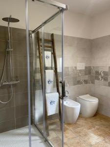 y baño con ducha, aseo y lavamanos. en Trullo Santa Lucia, en Cisternino