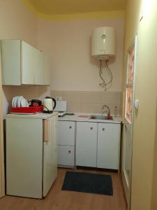 a small kitchen with white cabinets and a sink at HI Youth and Business Apartments in Belgrade