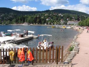 a group of people on a boat at a dock at Les Naïades in Gérardmer