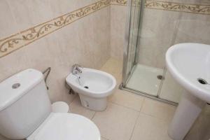 La salle de bains est pourvue de toilettes, d'un lavabo et d'une douche. dans l'établissement Apartamento ubicado en complejo Oasis del Mar, à Mojácar