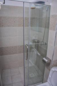 een douche met een glazen deur in de badkamer bij GWETH STUDIO APARTMENT in Nairobi