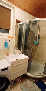 een badkamer met een douche en een wastafel bij Apartament NG in Wieliszew